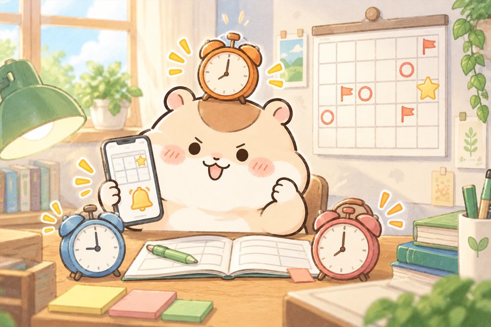 目覚まし時計を3つ用意して更新の準備をするナビ助