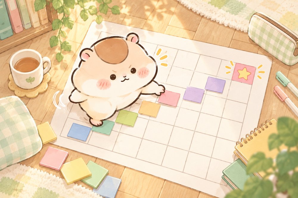 受験日から逆算した付箋の階段を登るハムスターのナビ助