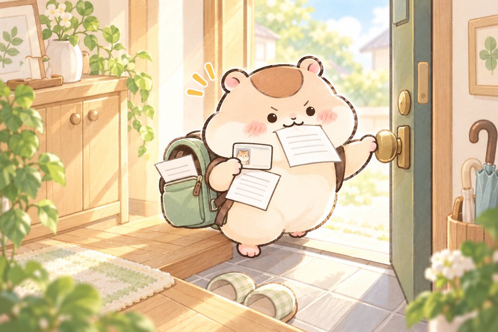受験票をくわえて試験に出かけるハムスターのナビ助