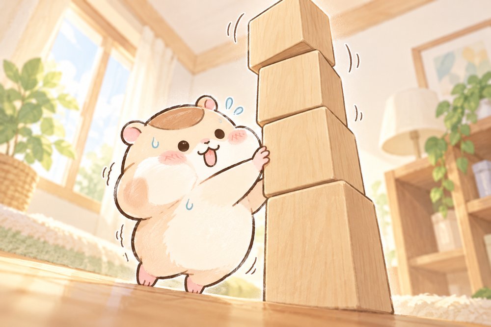 積み木の塔を必死に支えるハムスターのナビ助