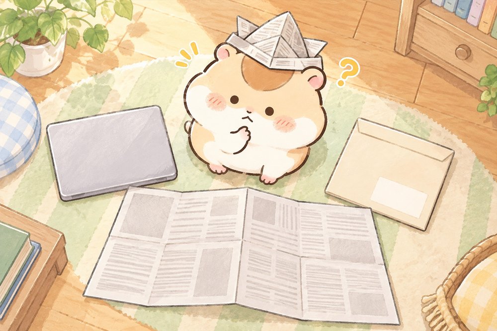 パソコンと新聞と封筒を並べて合格発表の確かめ方を考えるハムスターのナビ助