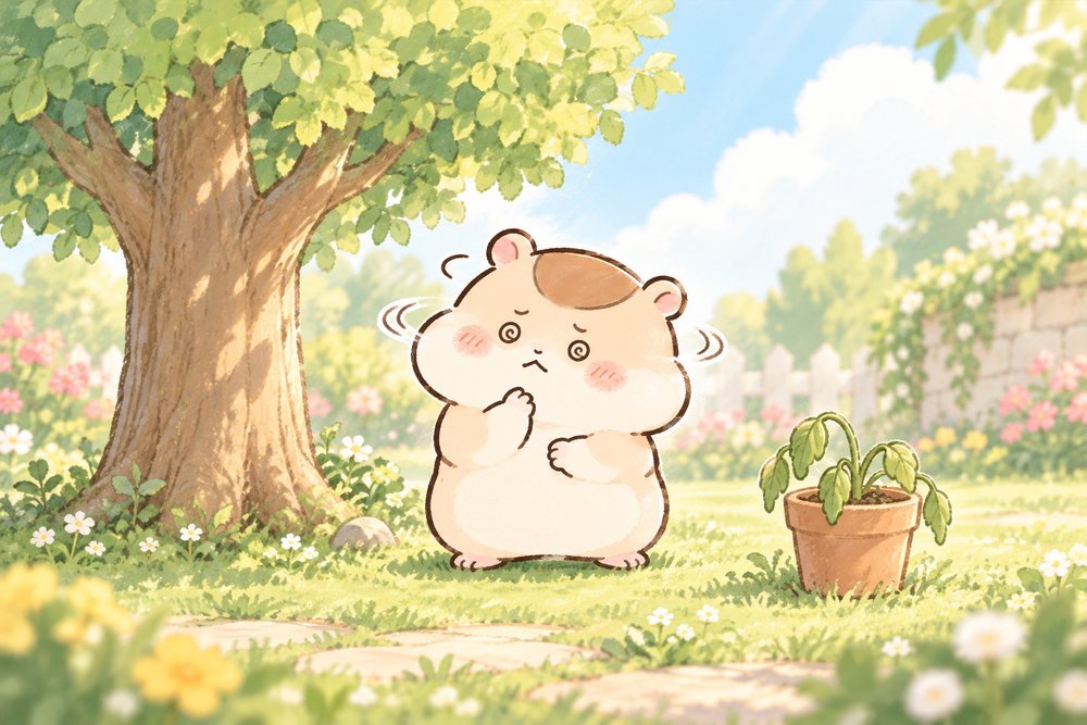 大きな木と鉢植えを見くらべて首をふるハムスターのナビ助
