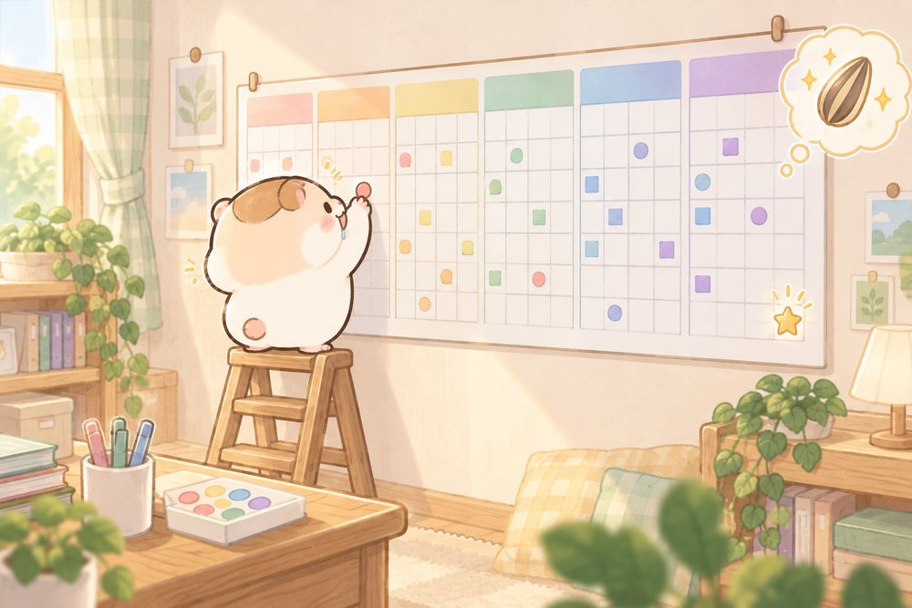 半年分のカレンダーにシールを貼って学習を進めるナビ助