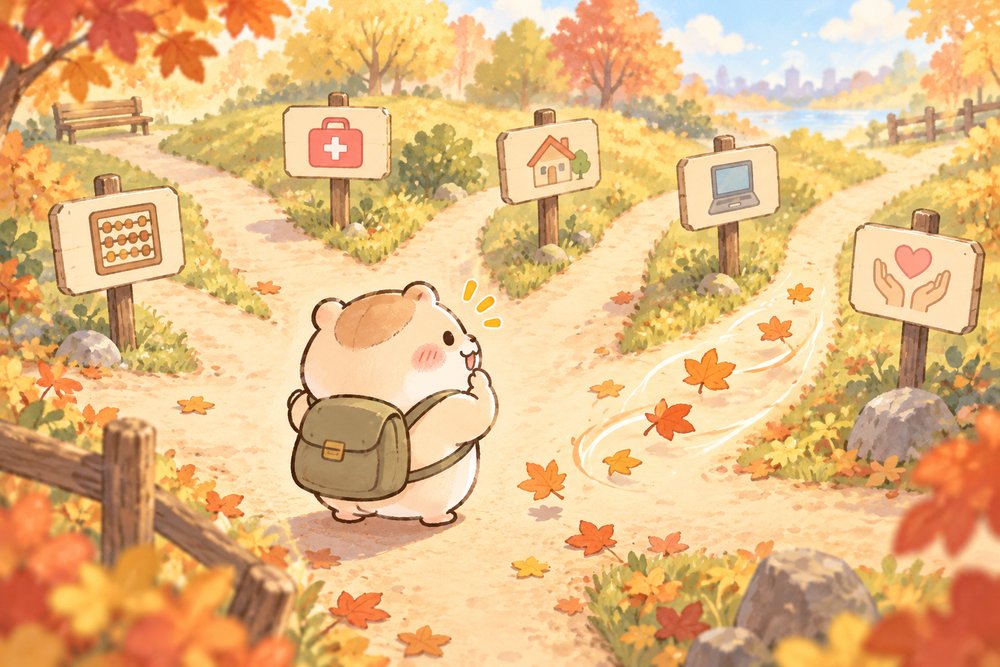 資格の分かれ道でどれに進むか考えるナビ助