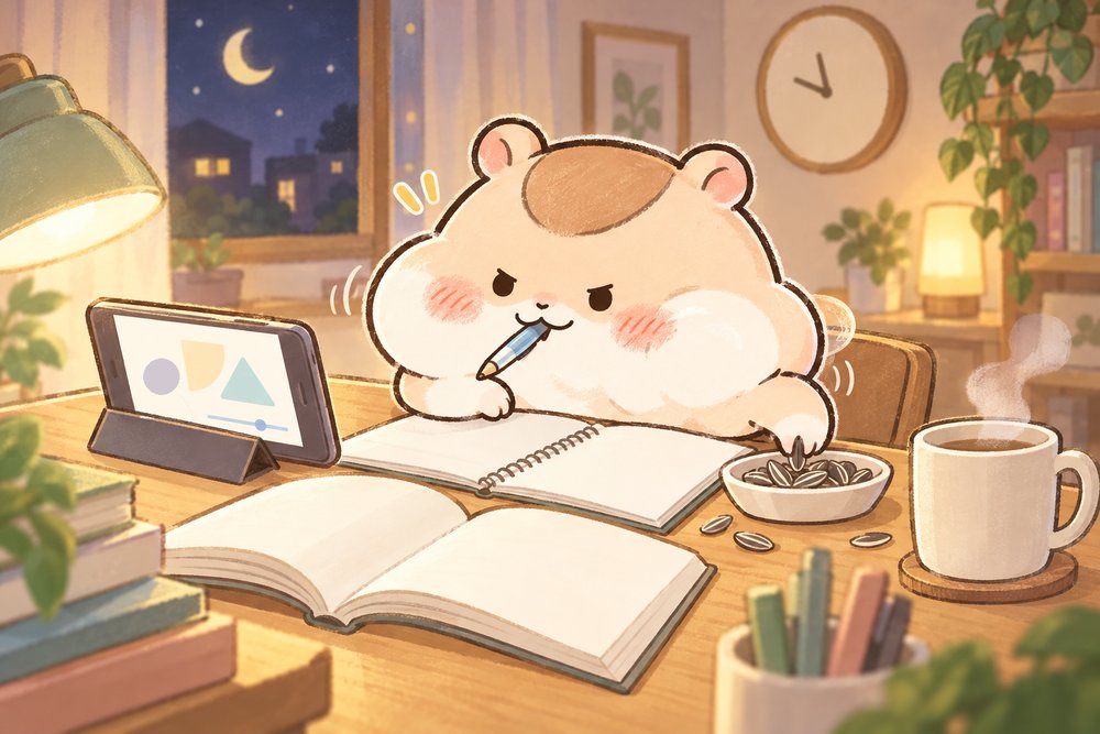 夜にオンライン講座で勉強するナビ助