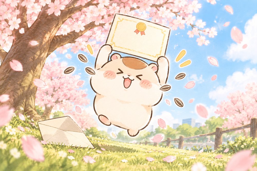 桜の下で資格証を掲げて大喜びするナビ助