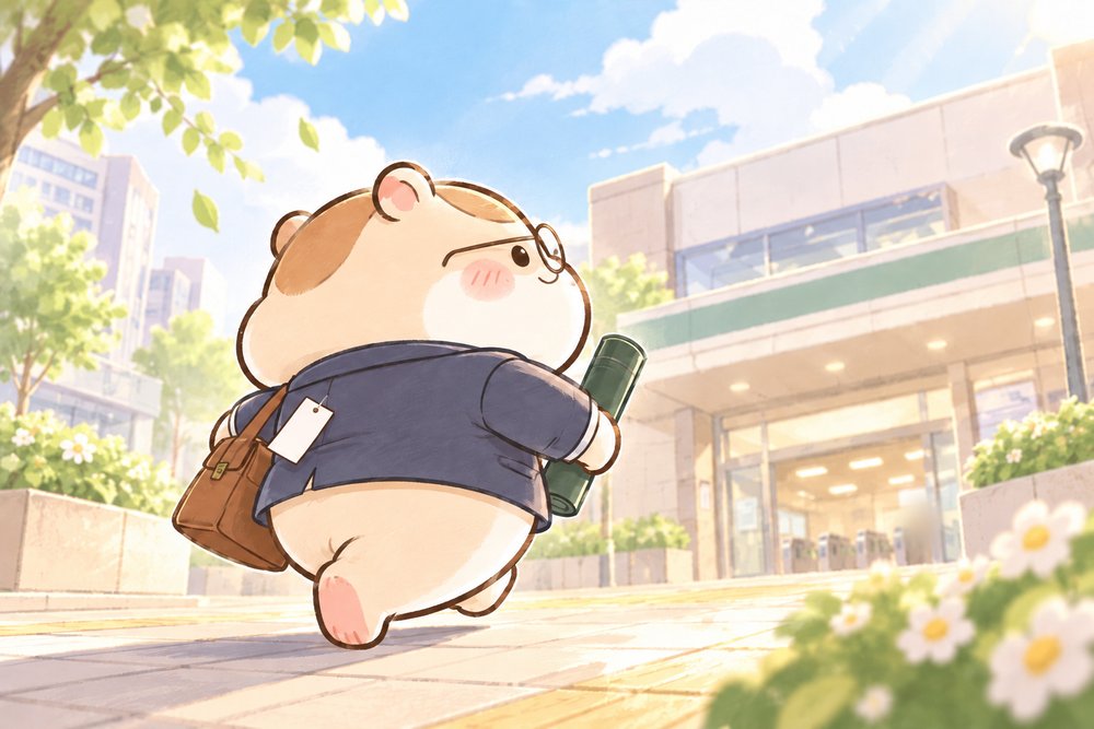 背中にタグをつけたまま新しい職場へ向かうハムスターのナビ助