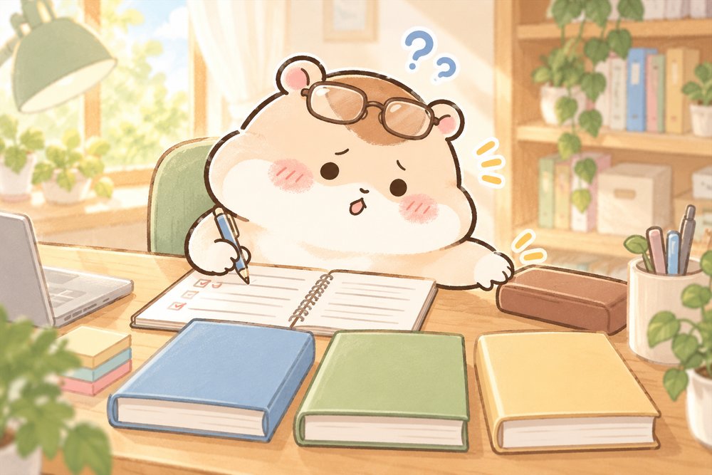 老眼鏡をおでこに上げたままメガネを探すハムスターのナビ助