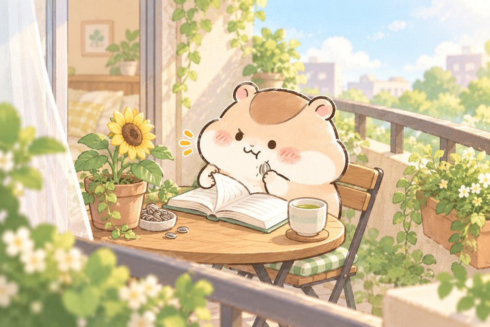 朝のベランダでひまわりの種を食べながら勉強するハムスターのナビ助