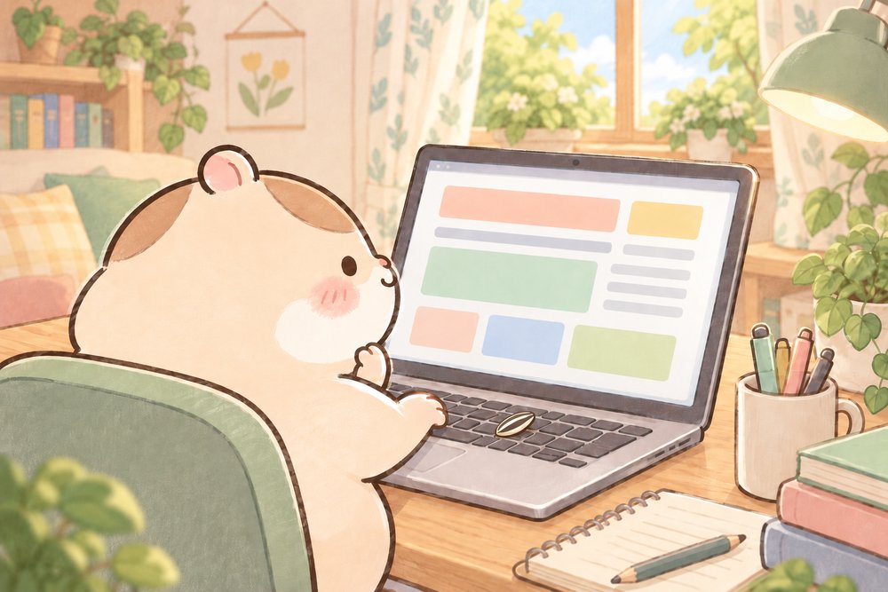 パソコンでウェブページのしくみを学ぶハムスターのナビ助