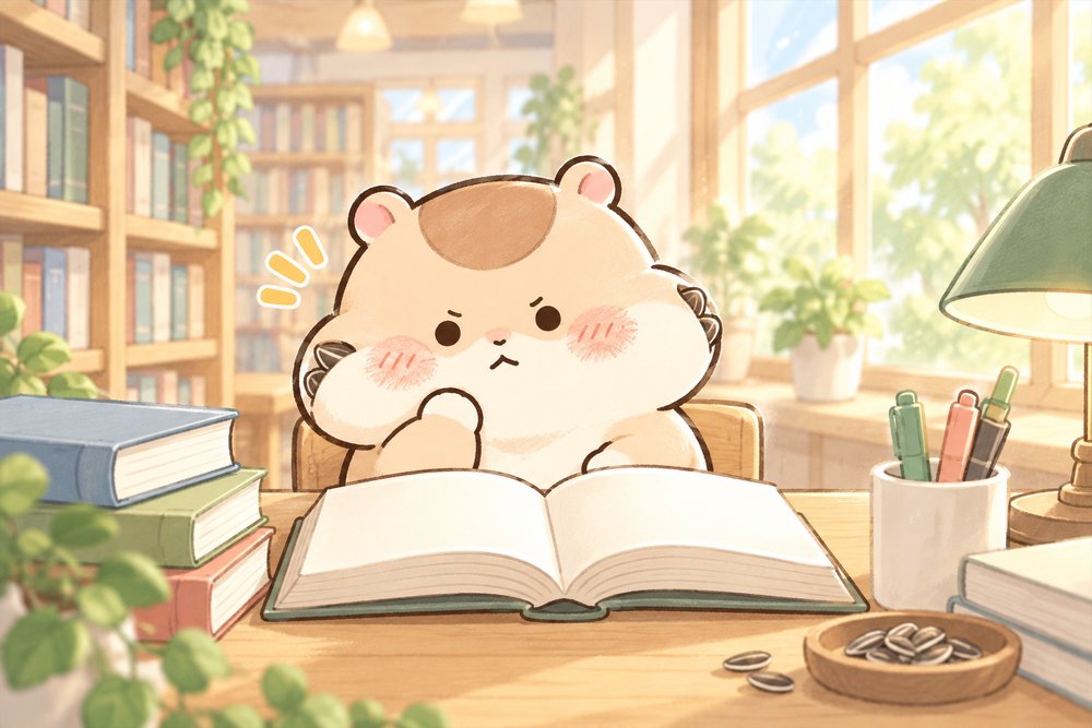 図書館でテキストを読み込むハムスターのナビ助